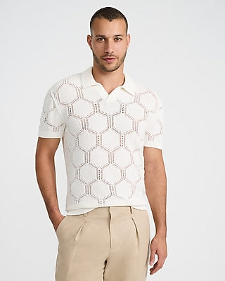 Express Men's Geo Open Knit Johnny Collar Short Sleeve Sweater Polo in Chalk