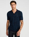 Express Men's Cotton Open Knit Palm Johnny Collar Short Sleeve Sweater Polo in Blue Small