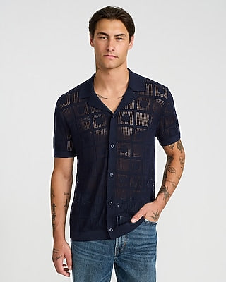 Express Men's Luxtouch Jersey Textured Checkboard Sweater Polo in Blue Small