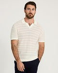 Express Men's Cotton Crescent Open Knit Pointelle Johnny Collar Short Sleeve Sweater Polo in White Small