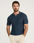 Express Men's Cotton Crescent Open Knit Pointelle Johnny Collar Short Sleeve Sweater Polo in Dark Ocean
