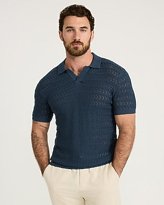 Express Men's Cotton Crescent Open Knit Pointelle Johnny Collar Short Sleeve Sweater Polo in Dark Ocean