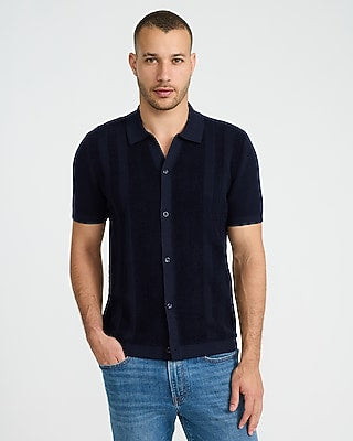 Express Men's Textured Striped Terry Cloth Cotton Sweater Polo in Navy Blue
