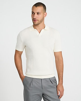 Express Men's Cotton Ribbed Johnny Collar Short Sleeve Sweater Polo in Chalk