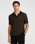 Express Men's Textured Boucle Geo Tile Print Johnny Collar Sweater Polo in Black Small
