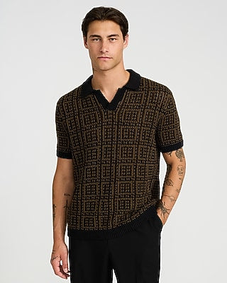 Express Men's Textured Boucle Geo Tile Print Johnny Collar Sweater Polo in Black Small