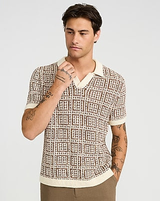 Express Men's Textured Boucle Geo Tile Print Johnny Collar Sweater Polo in White Small