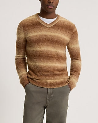 Express Men's Striped Gradient Boucle Wool-Blend V-Neck Sweater in Tan