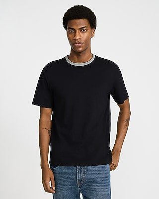 Express Men's Classic Fit Luxe Pique Triple Striped Contrast Trim Crew Neck T-Shirt in Black Small