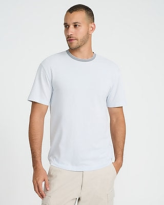 Express Men's Classic Fit Luxe Pique Triple Striped Contrast Trim Crew Neck T-Shirt in Blue Small