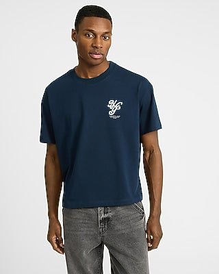 Express Men's Embroidered NYC Chest Graphic Premium Weight Cropped Loose T-Shirt in Navy