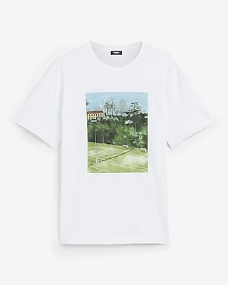 Express Men's Classic Fit Tennis Court Cotton Graphic T-Shirt in Bright White