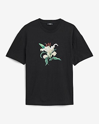 Express Men's Classic Fit Cotton Lily Floral Graphic T-Shirt in Pitch Black