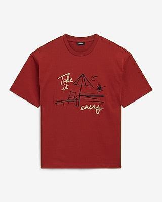 Express Men's Classic Fit Embroidered Take It Easy Cotton Graphic T-Shirt in Sadona