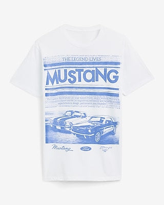 Express Men's Ford Blue Mustang Graphic T-Shirt in White Small