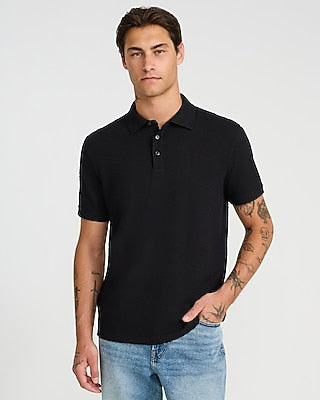 Express Men's Textured Square Jacquard Cotton-Blend Polo in Black Small