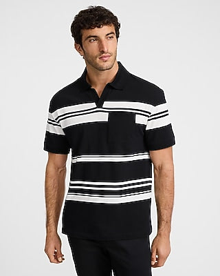 Express Men's Striped Perfect Pima Cotton Johnny Collar Polo in Black Small