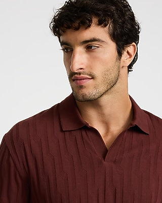 Express Men's Geo Striped Textured Johnny Collar Polo in Rum Raisin