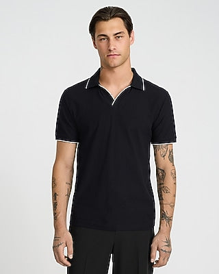 Express Men's Tipped Zig Zag Textured Johnny Collar Polo in Black Small