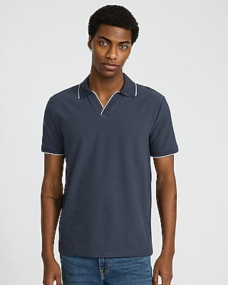 Express Men's Tipped Zig Zag Textured Johnny Collar Polo in Blue Small