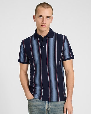 Express Men's Vertical Striped Luxe Pique Polo in Blue Small
