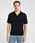 Express Men's Classic Fit Textured Diamond Jacquard Johnny Collar Short Sleeve Polo in Pitch Black