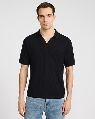 Express Men's Classic Fit Textured Diamond Jacquard Johnny Collar Short Sleeve Polo in Pitch Black
