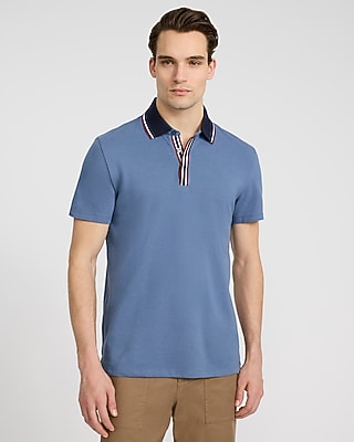 Express Men's Tipped Contrast Collar Luxe Pique Polo in Blue Small