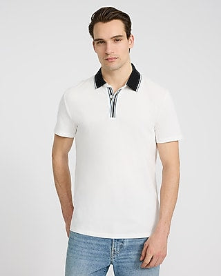 Express Men's Tipped Contrast Collar Luxe Pique Polo in White Small