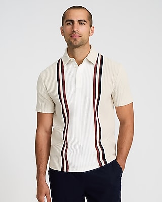 Express Men's Textured Striped Jacquard Cotton-Blend Polo in Neutral Small