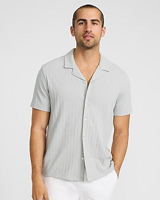 Express Men's Textured Herringbone Stripe Camp Collar Polo in Gray Small