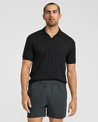 Express Men's Classic Fit Ribbed Open Knit Johnny Collar Cotton Polo in Black Small