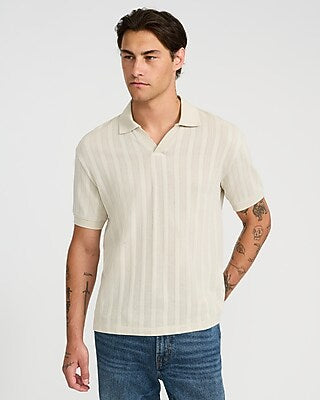 Express Men's Classic Fit Ribbed Open Knit Johnny Collar Cotton Polo in Neutral Small