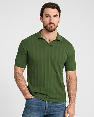 Express Men's Classic Fit Ribbed Open Knit Johnny Collar Cotton Polo in Green Small