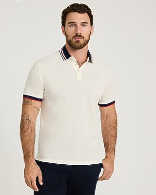 Express Men's Tipped Color Block Textured Polo in White Small