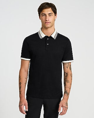 Express Men's Tipped Color Block Textured Polo in Black Small