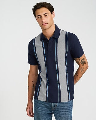 Express Men's Striped Luxe Pique Polo in Blue Small