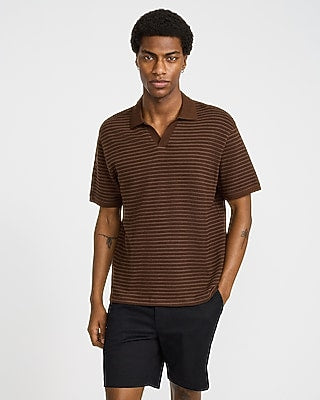 Express Men's Classic Fit Textured Striped Cotton Johnny Collar Polo in Brown Small