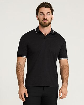 Express Men's Classic Fit Tipped Collar Johnny Collar Short Sleeve Polo in Black Small