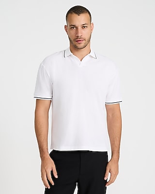 Express Men's Classic Fit Tipped Collar Johnny Collar Short Sleeve Polo in White Small