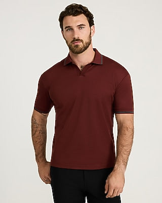 Express Men's Classic Fit Tipped Collar Johnny Collar Short Sleeve Polo in Red Small