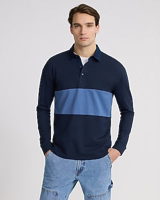 Express Men's Rugby Striped Long Sleeve Polo in Navy