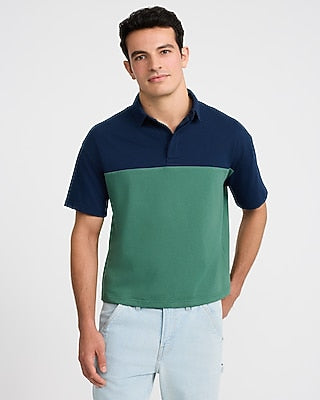 Express Men's Premium Weight Color Blocked Boxy Loose Polo in Indigo