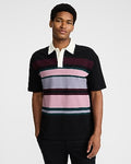 Express Men's Striped Color Block Perfect Pima Cotton Pique Ruby Polo in Pitch Black