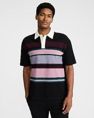 Express Men's Striped Color Block Perfect Pima Cotton Pique Ruby Polo in Pitch Black