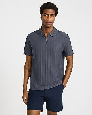 Express Men's Textured Striped Cotton-Blend Quarter Zip Polo in Blue Small