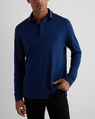 Express Men's Striped Collar Perfect Pima Cotton Long Sleeve Polo in Dark Blue