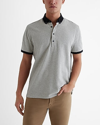 Express Men's Geo Cotton Jacquard Long Placket Polo in Black Small
