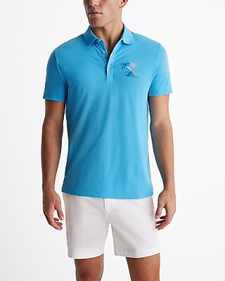 Express Men's Tropical Embroidered X Logo Graphic Luxe Pique Polo in New Crystal Blue