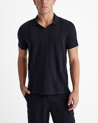 Express Men's Textured Stripe Cotton Johnny Collar Polo in Pitch Black